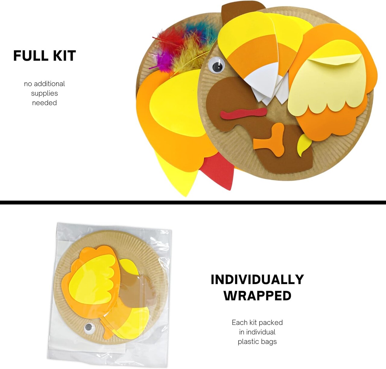 4E's Novelty Turkey Plate Craft Kit for Kids (4 Pack) – DIY Thanksgiving Arts & Crafts, 2 Styles, Self-Adhesive Foam Stickers, Feathers & Googly Eyes, Fall Activity for Toddlers, Kids & Classroom Fun